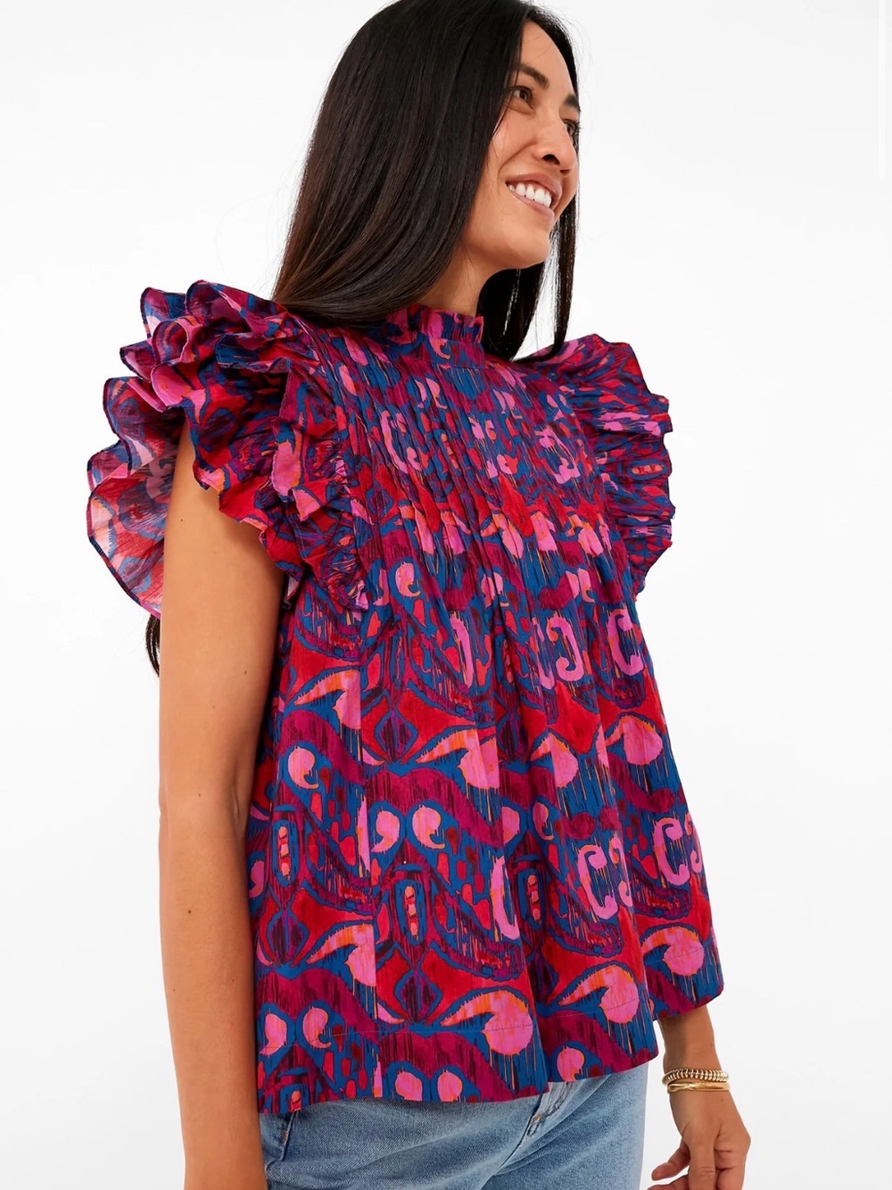OLIPHANT Exclusive Blue Kazak Pintuck Ruffle Top Size XS